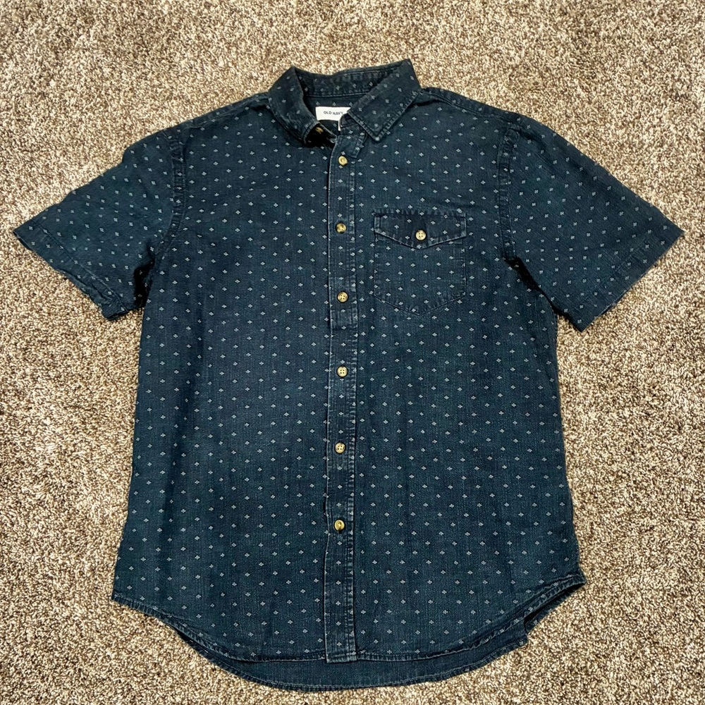 Old Navy Dark Blue Chambray Casual Shirt with Dots Slim Fit Men’s M